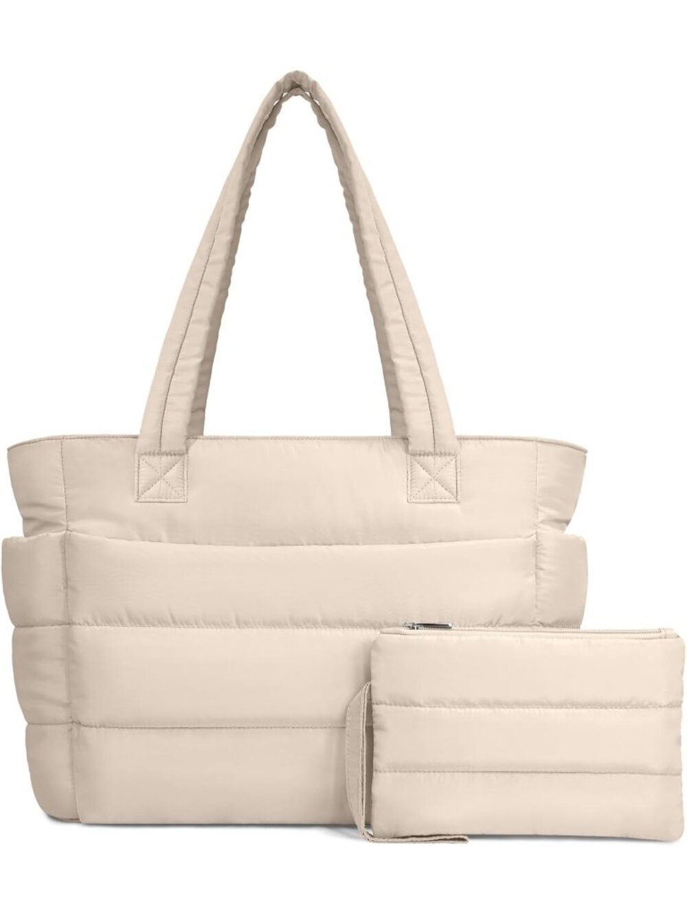 Women's Beige Travel lightweight Puffy Tote Handbag Quilted Shoulder Bag